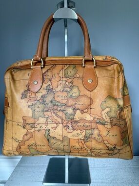 Alviero Martini Map-Print Satchel in Tan and Olive